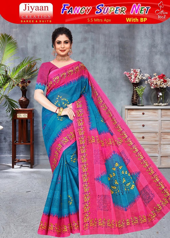Jiyaan Fancy Super Net Cotton Designer Saree Collection